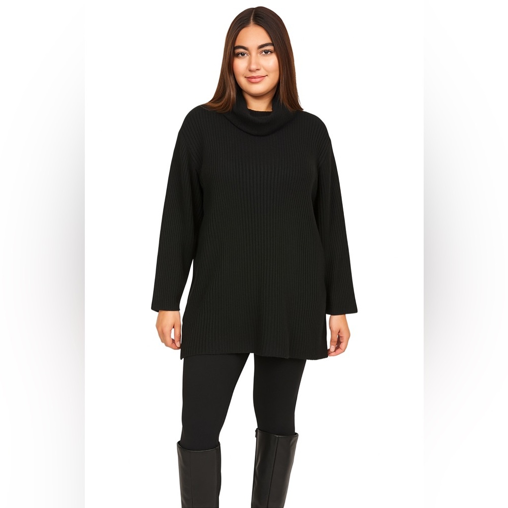 Jeanne Pierre Black Lambswool Knit Cowl Neck Relaxed Tunic Sweater Size Large
